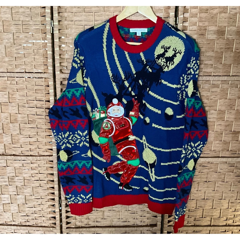 Celebrate Together Ugly Christmas Sweater L Santa Astronaut Novelty Galaxy Space